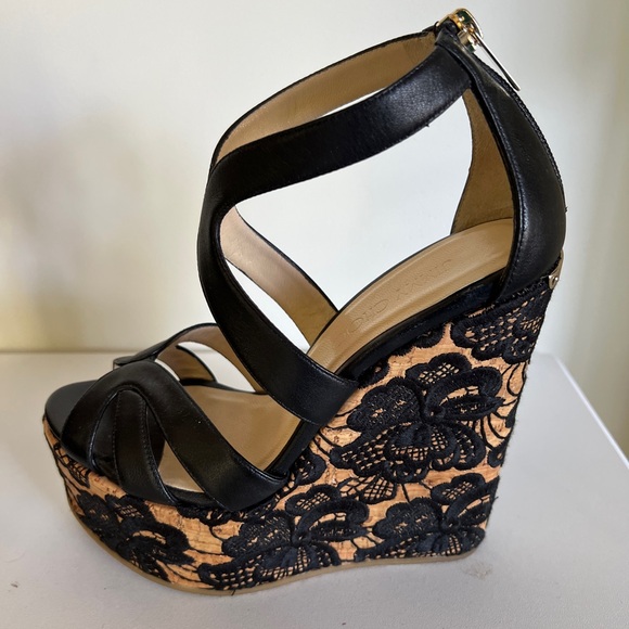 Jimmy Choo Black Leather Parrow Lace Wedge Platform Sandals Size 36.5 - Picture 5 of 10